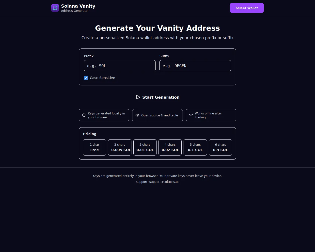 Screenshot of solana-vanity-web.pages.dev