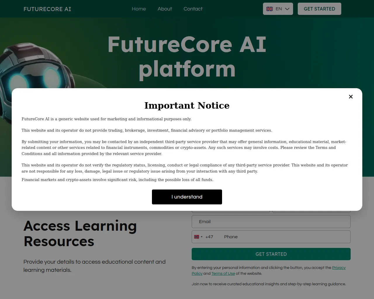 Screenshot of futurecoreai-app.com