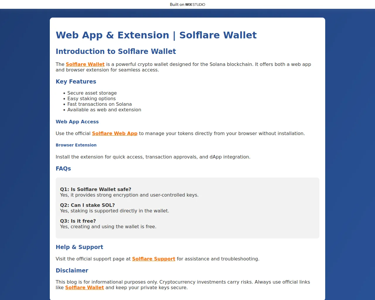 Screenshot of docssolflare.wixstudio.com