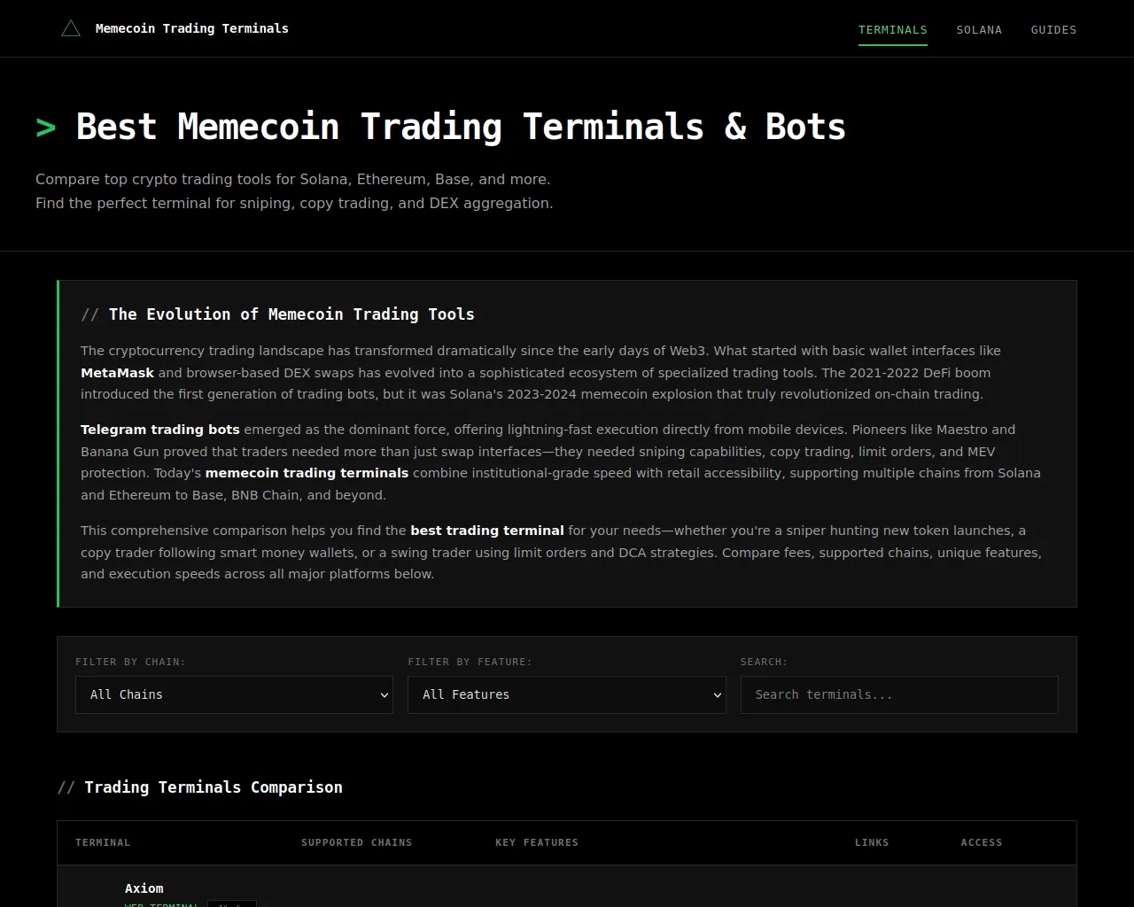 Screenshot of memecointradingterminals.com
