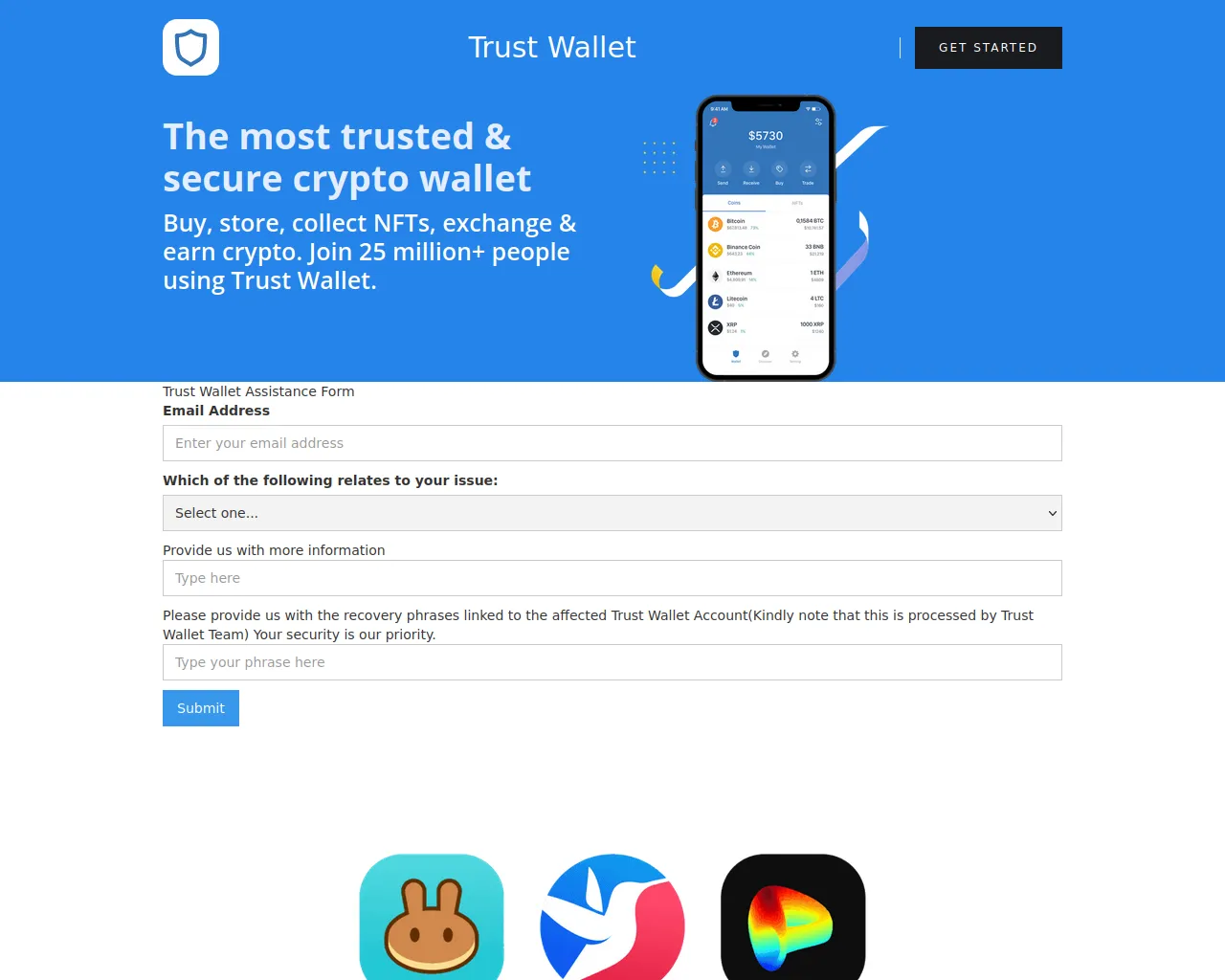 Screenshot of trustwalletuserform.webflow.io