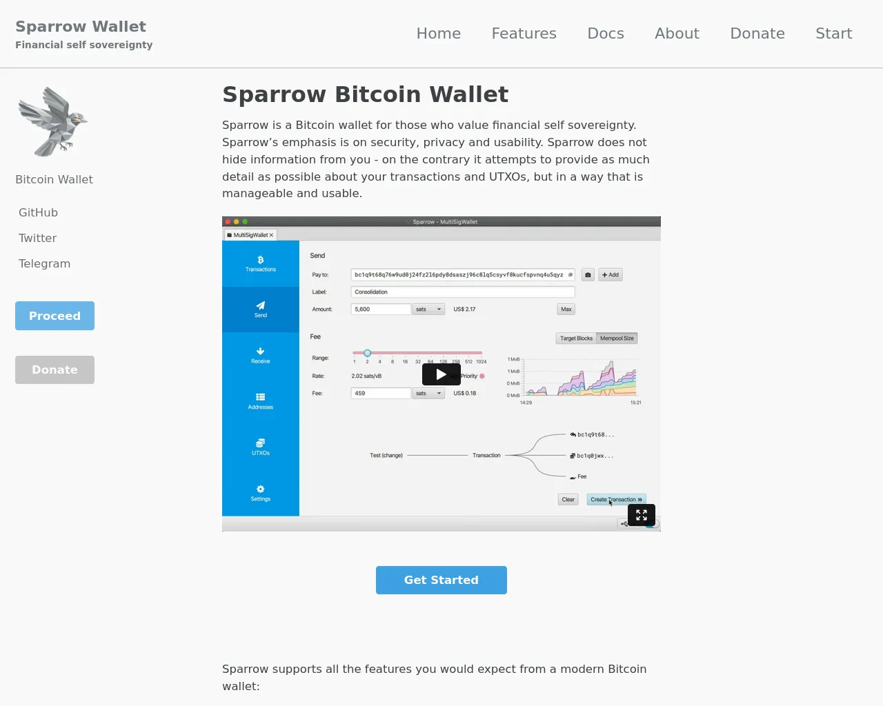 Screenshot of sparrowwallet.co