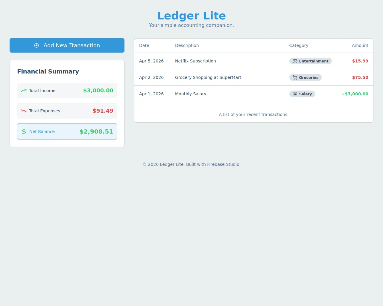 Screenshot of studio--ledger-lite-l3uom.us-central1.hosted.app