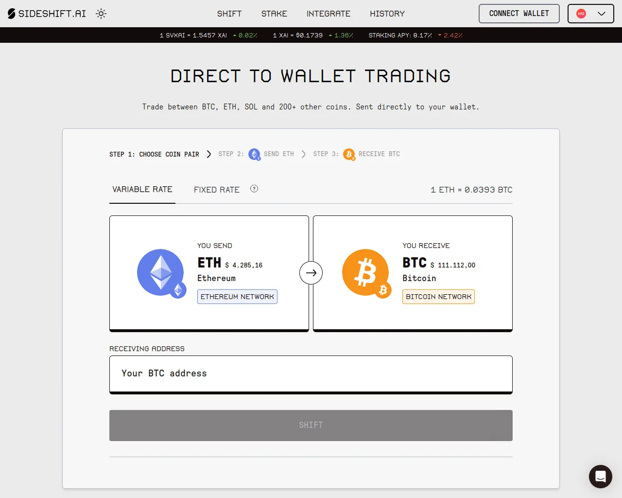 Screenshot of sideshift-ai.app