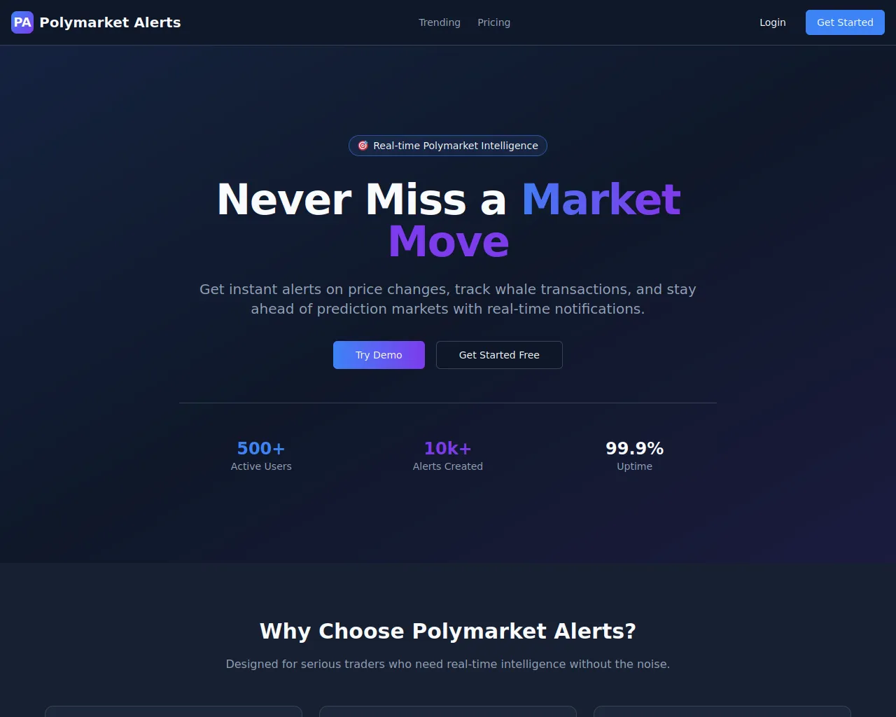 Screenshot of polymarket-alerts-staging.pages.dev