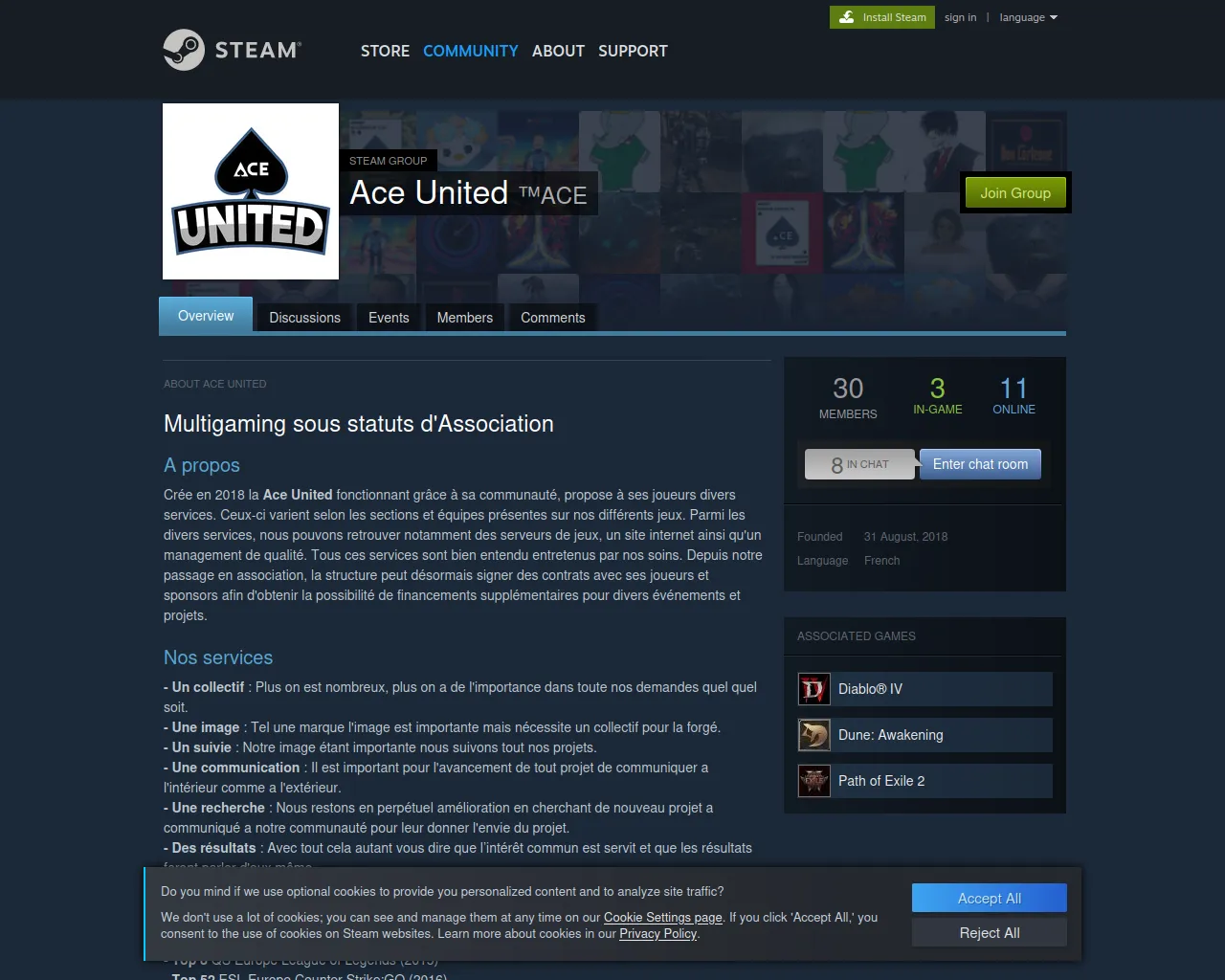 Screenshot of steam.aceunited.fr