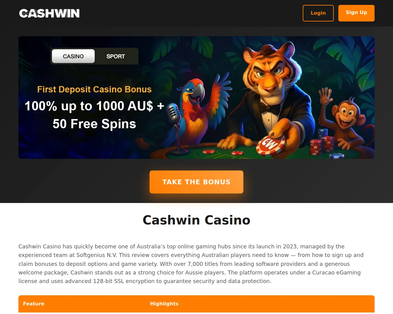 Screenshot of cashwincasinoau.com