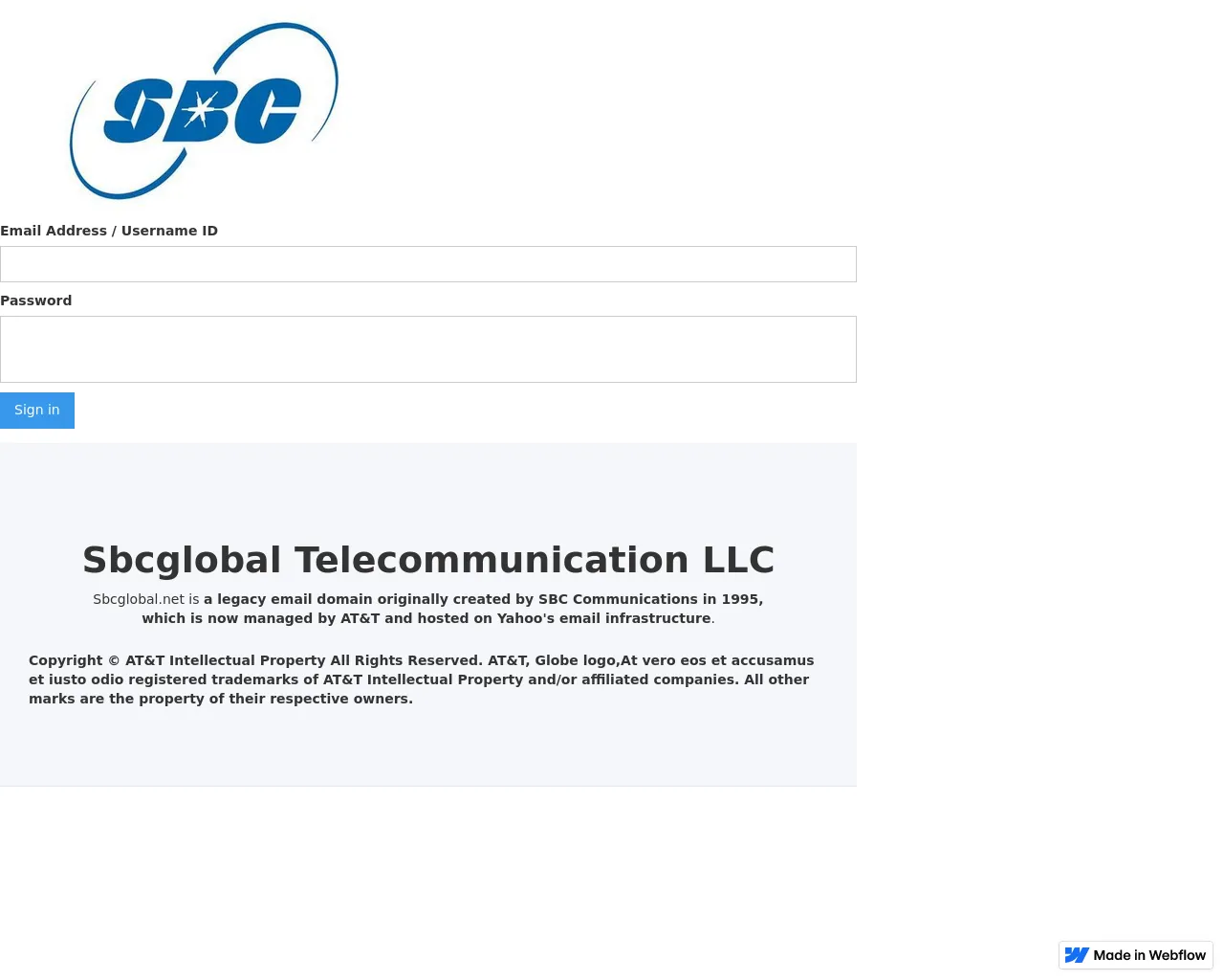 Screenshot of sbcglobal-sign-in-b8c22f.webflow.io