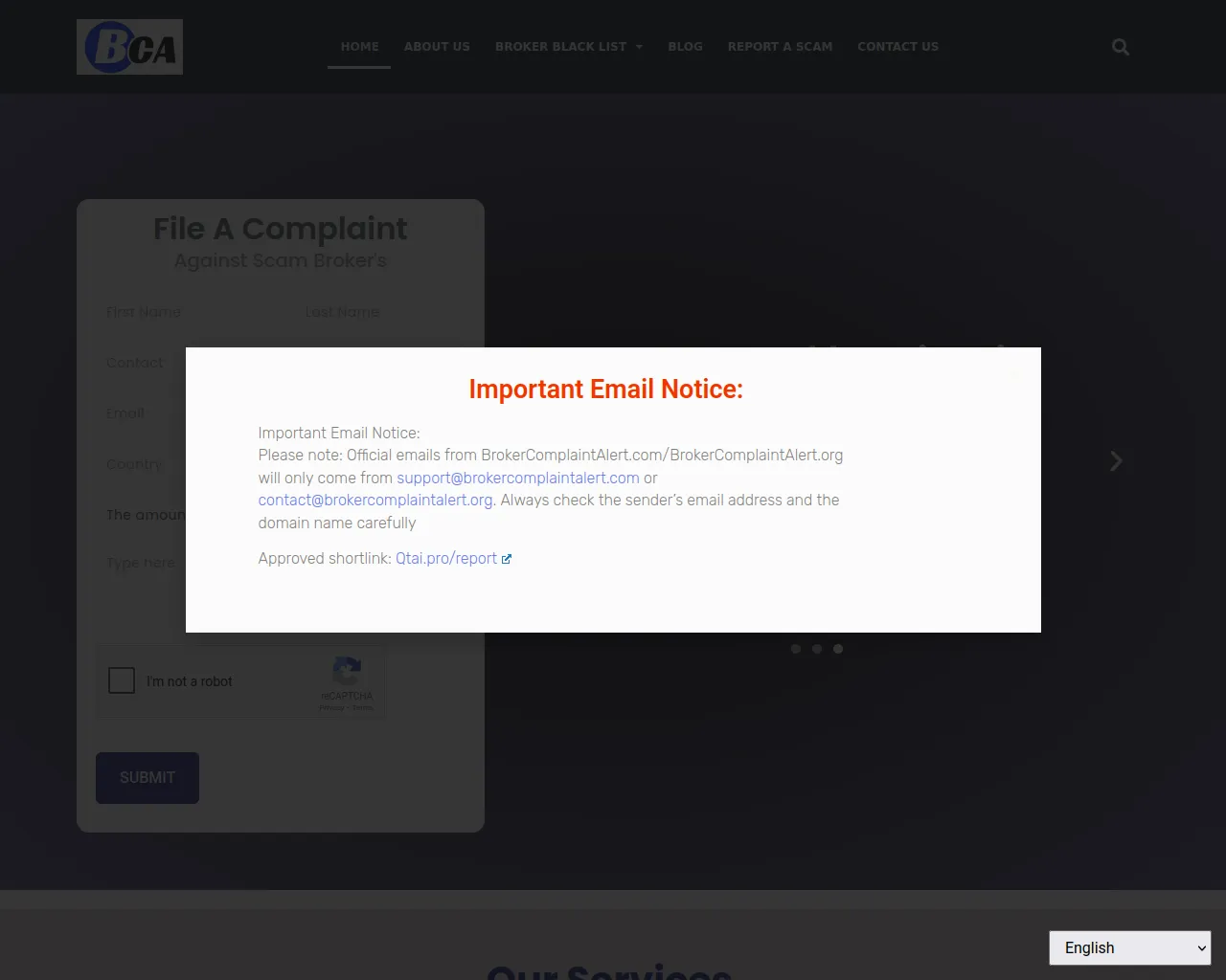 Screenshot of brokercomplaintalert.com