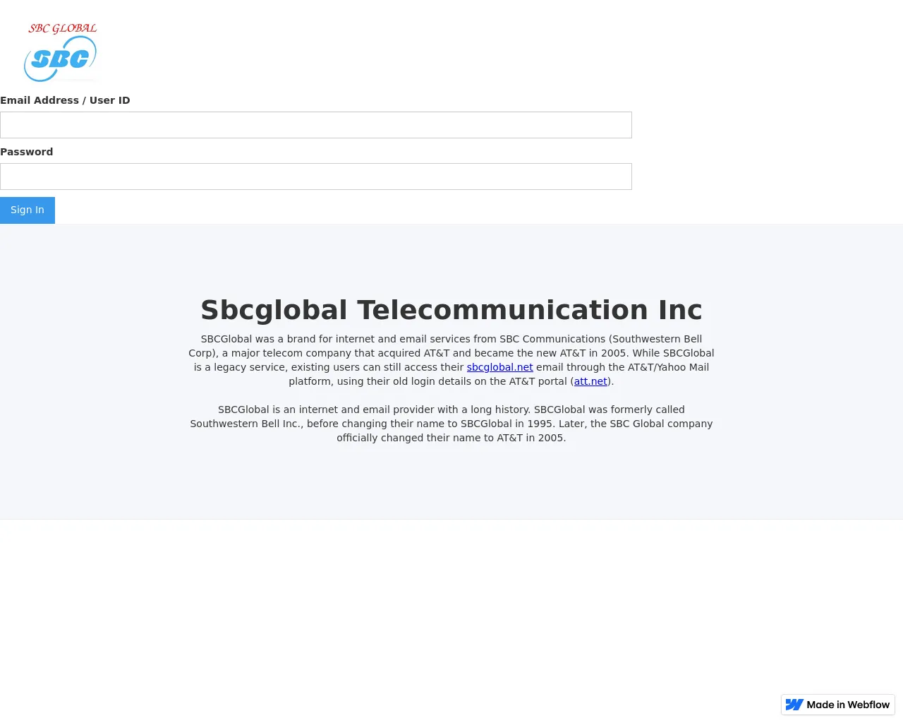 Screenshot of sbcglobal-att-signing-b5d5e6.webflow.io
