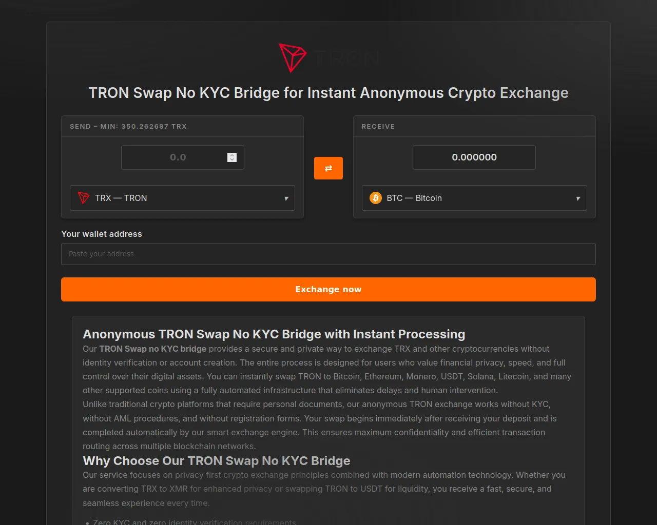 Screenshot of t-no-kyc-swap.com