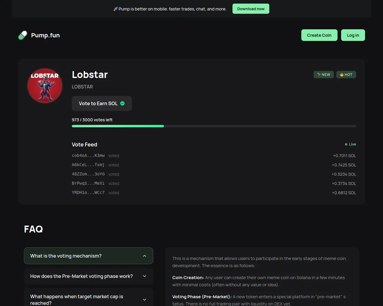 Screenshot of lobstar.votecoin-pump.fun