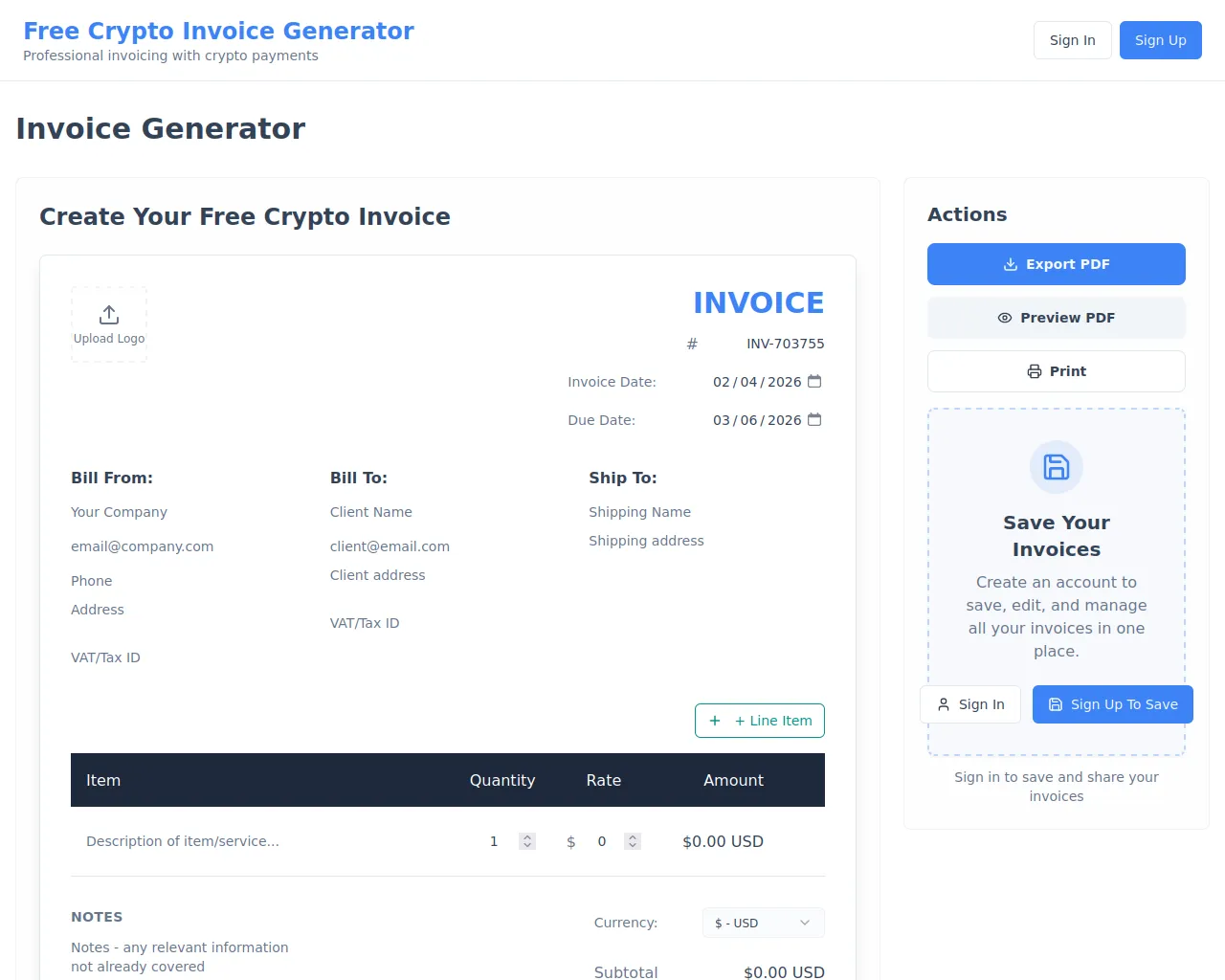 Screenshot of freecryptoinvoice.com