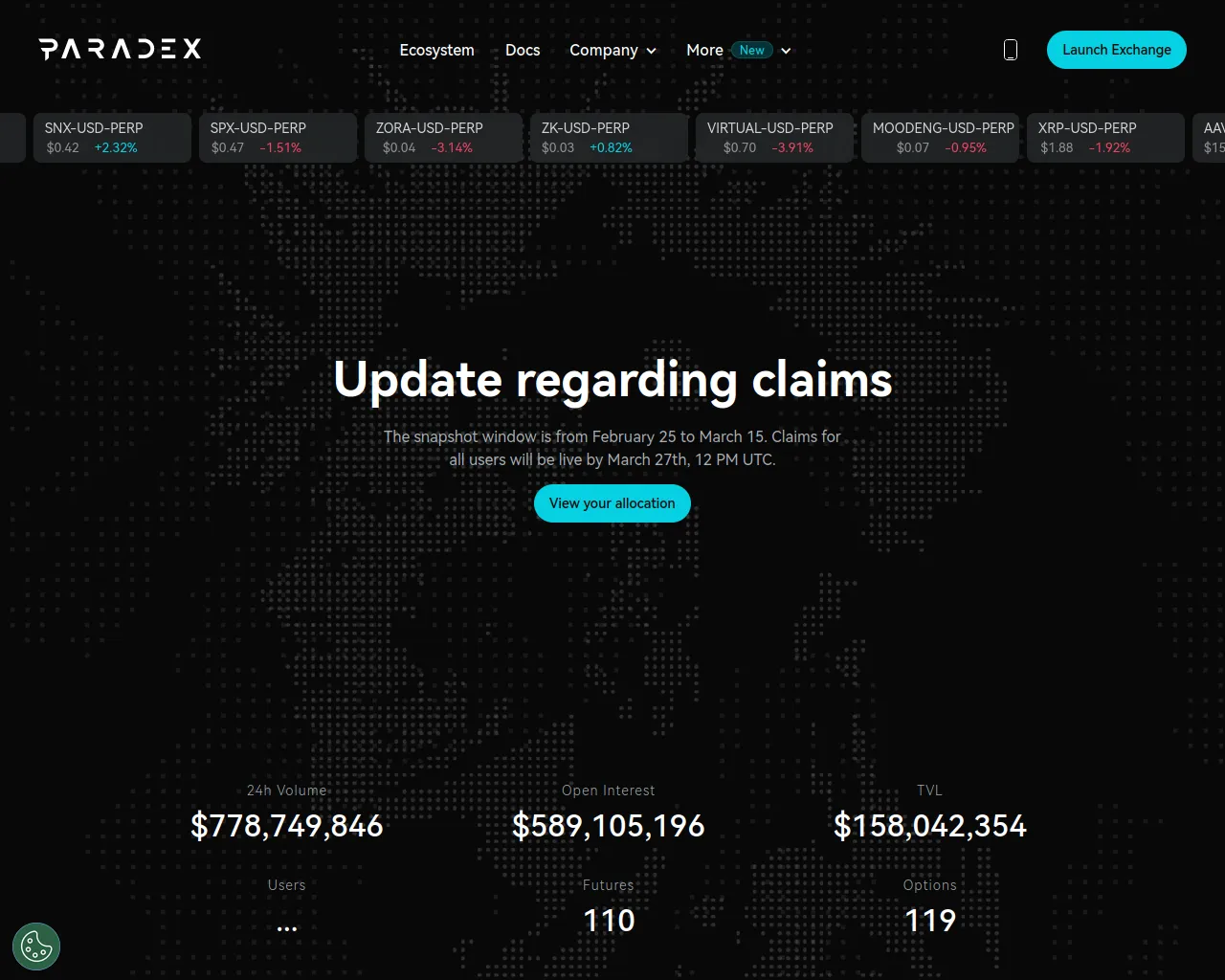 Screenshot of dashboard-paradex.xyz