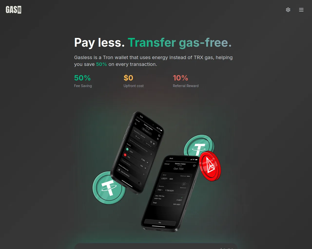 Screenshot of gaslesswallet.io