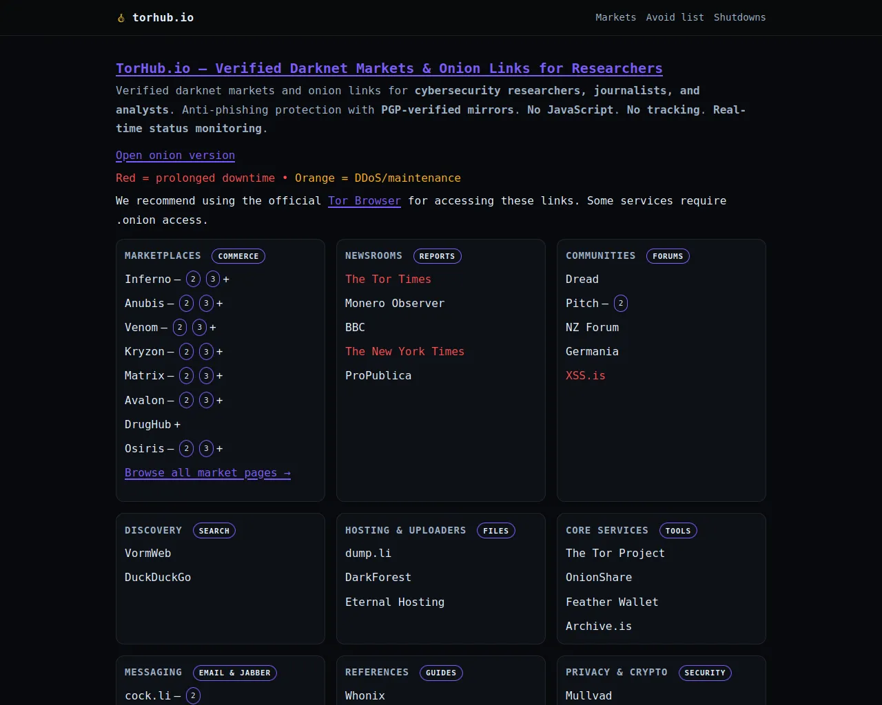 Screenshot of torhub.io