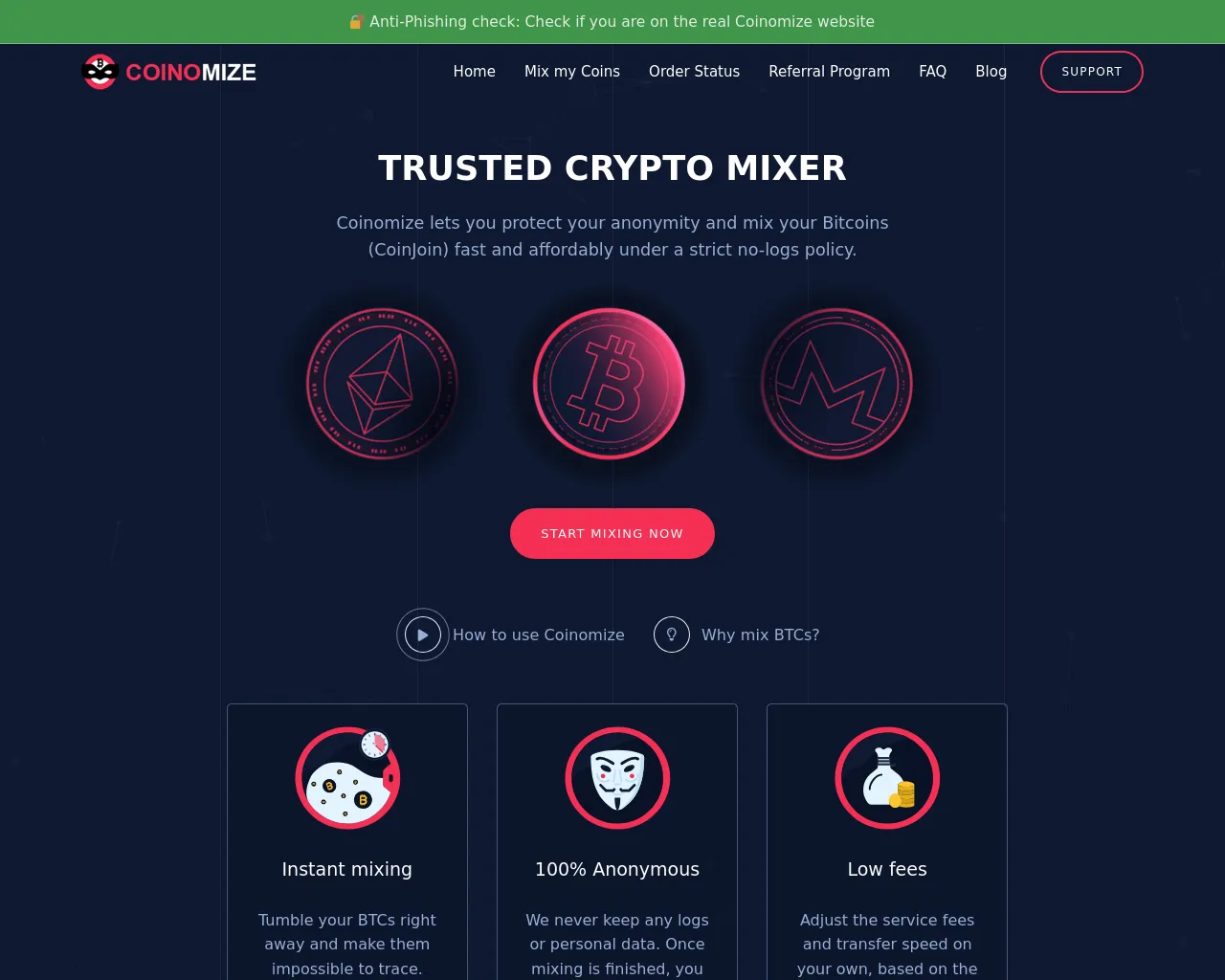 Screenshot of coinomizemixer.org