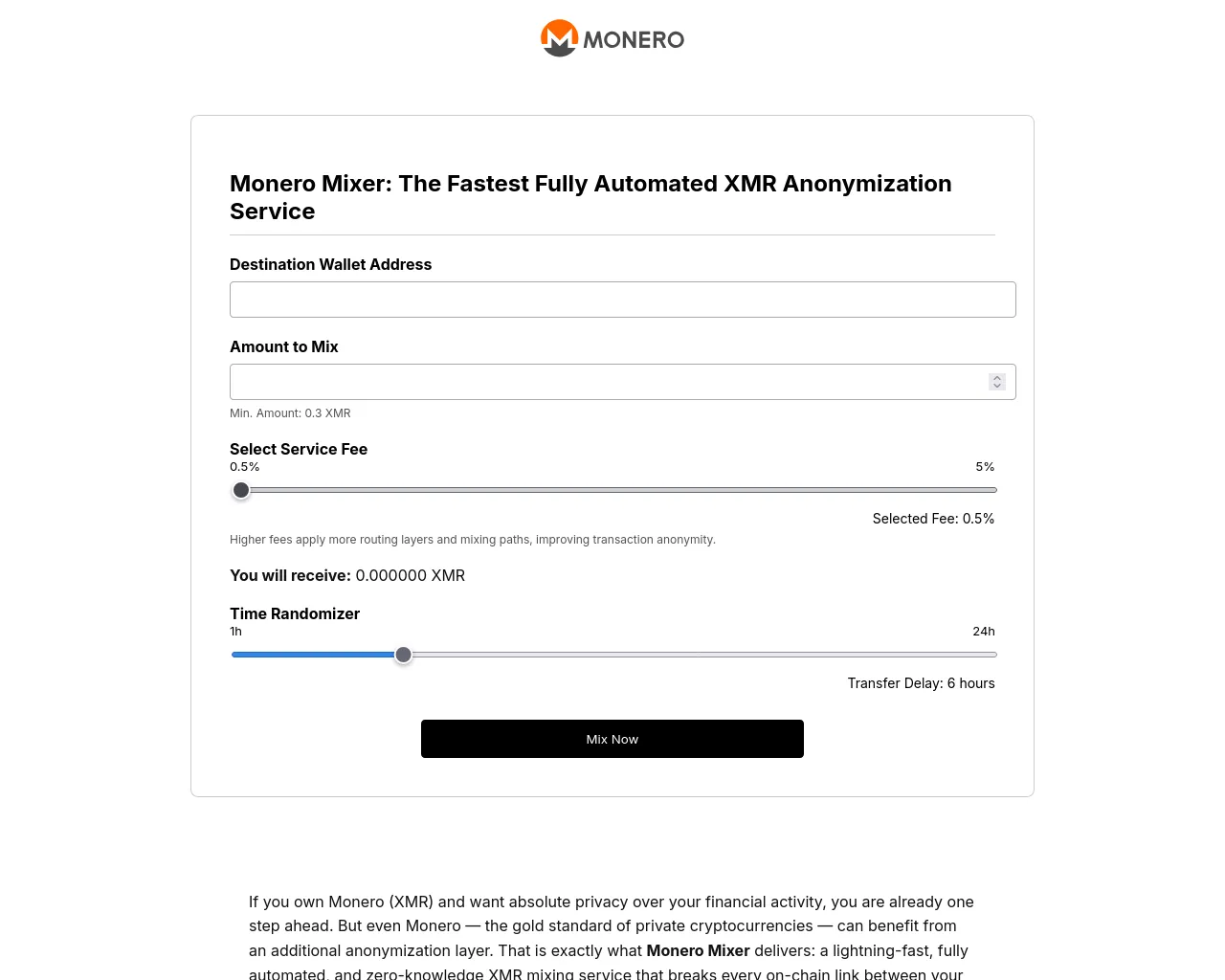 Screenshot of moneromixer.org