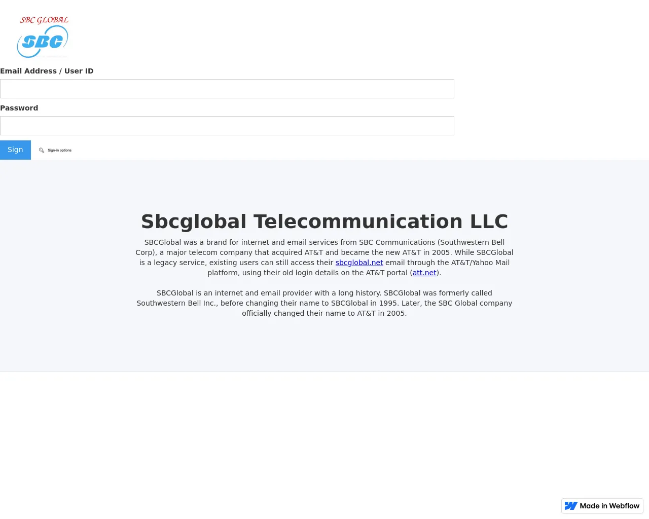 Screenshot of sbcglobal-att-signing-1a0013.webflow.io