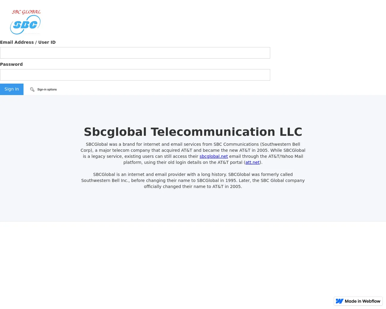 Screenshot of sbcglobal-att-signing-7ebc02.webflow.io