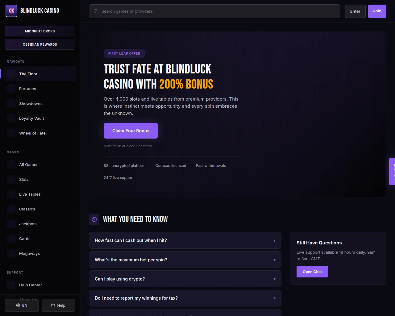 Screenshot of blindluck-casino.org