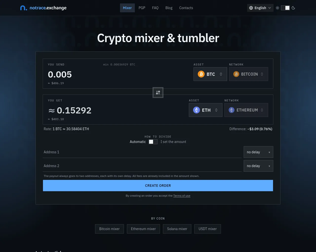 Screenshot of notrace.exchange