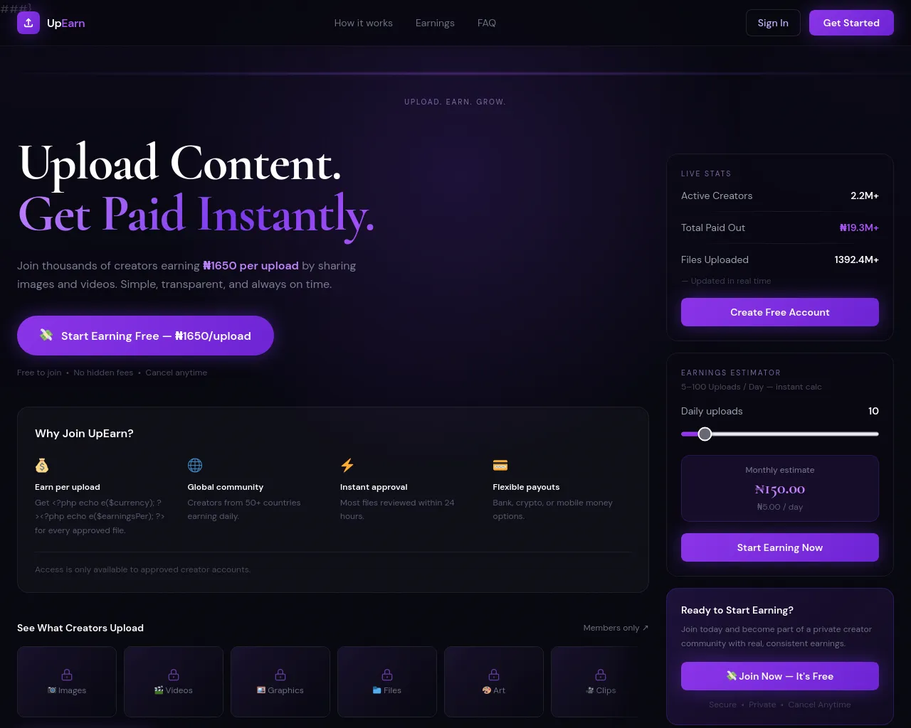 Screenshot of upearn.demotunde.com