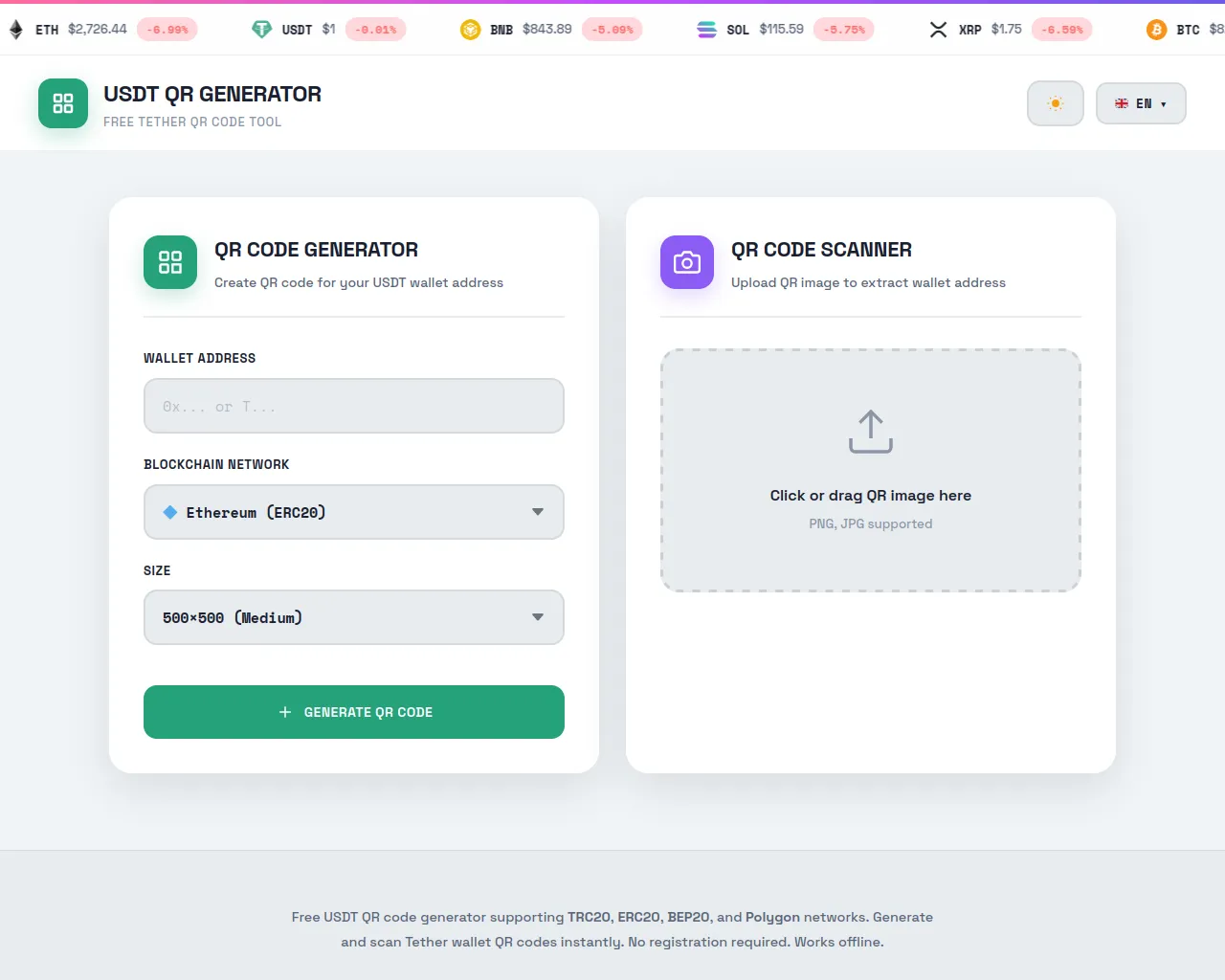 Screenshot of tetherqrgenerator.com