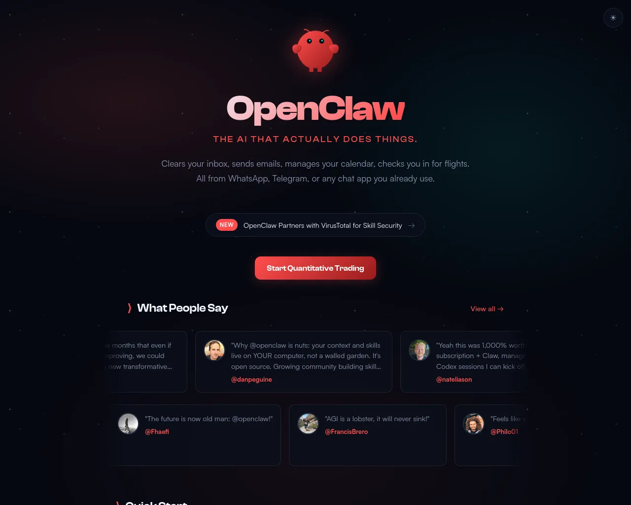 Screenshot of openclawtrade.ai