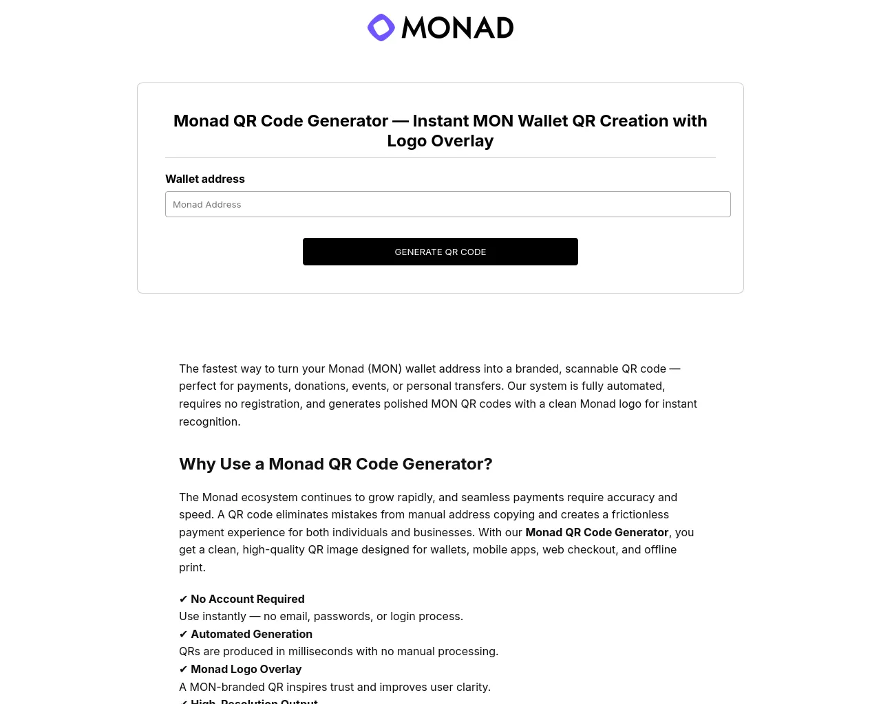 Screenshot of monad-qr-code-generator.com