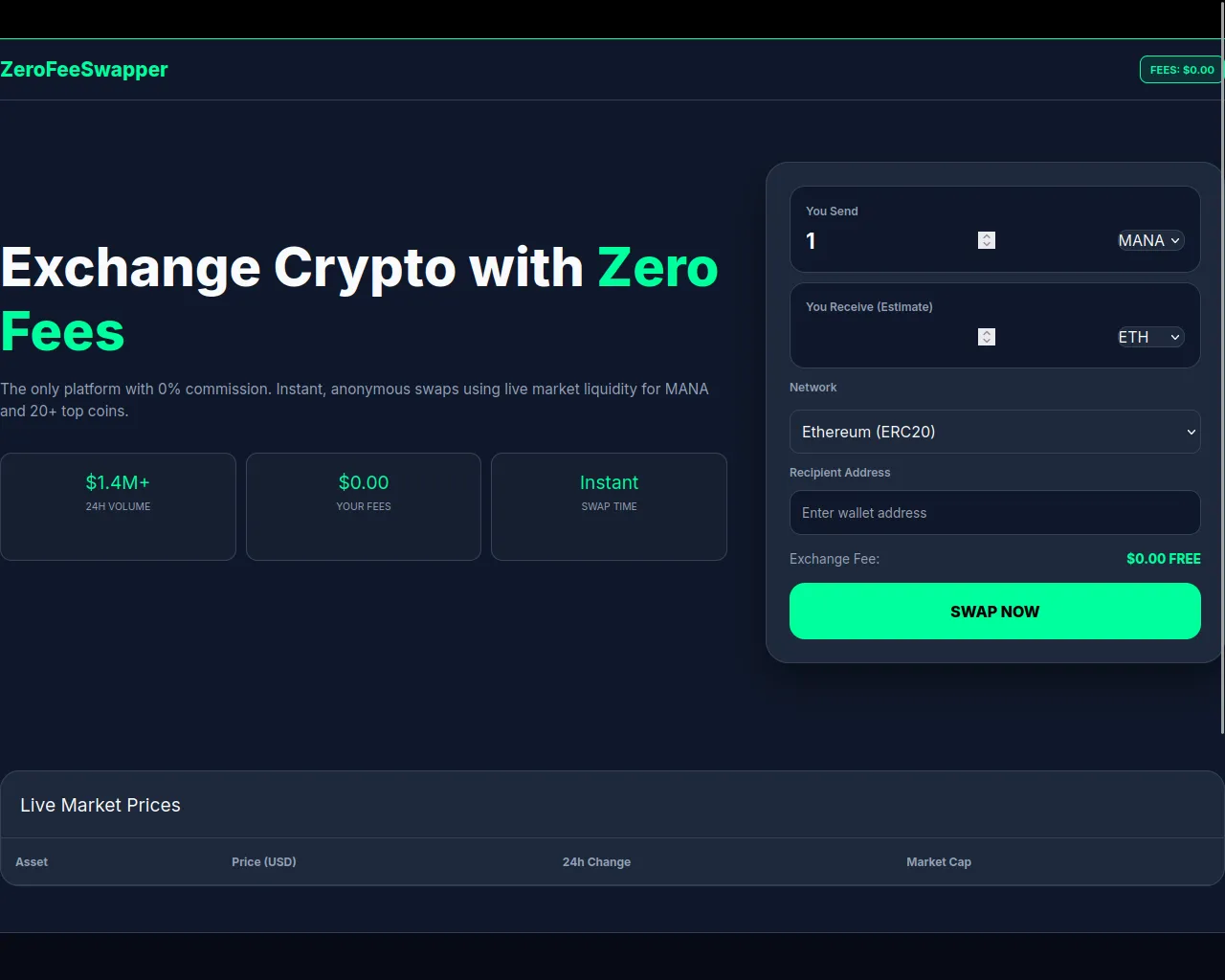 Screenshot of zerofeeswap.sbs