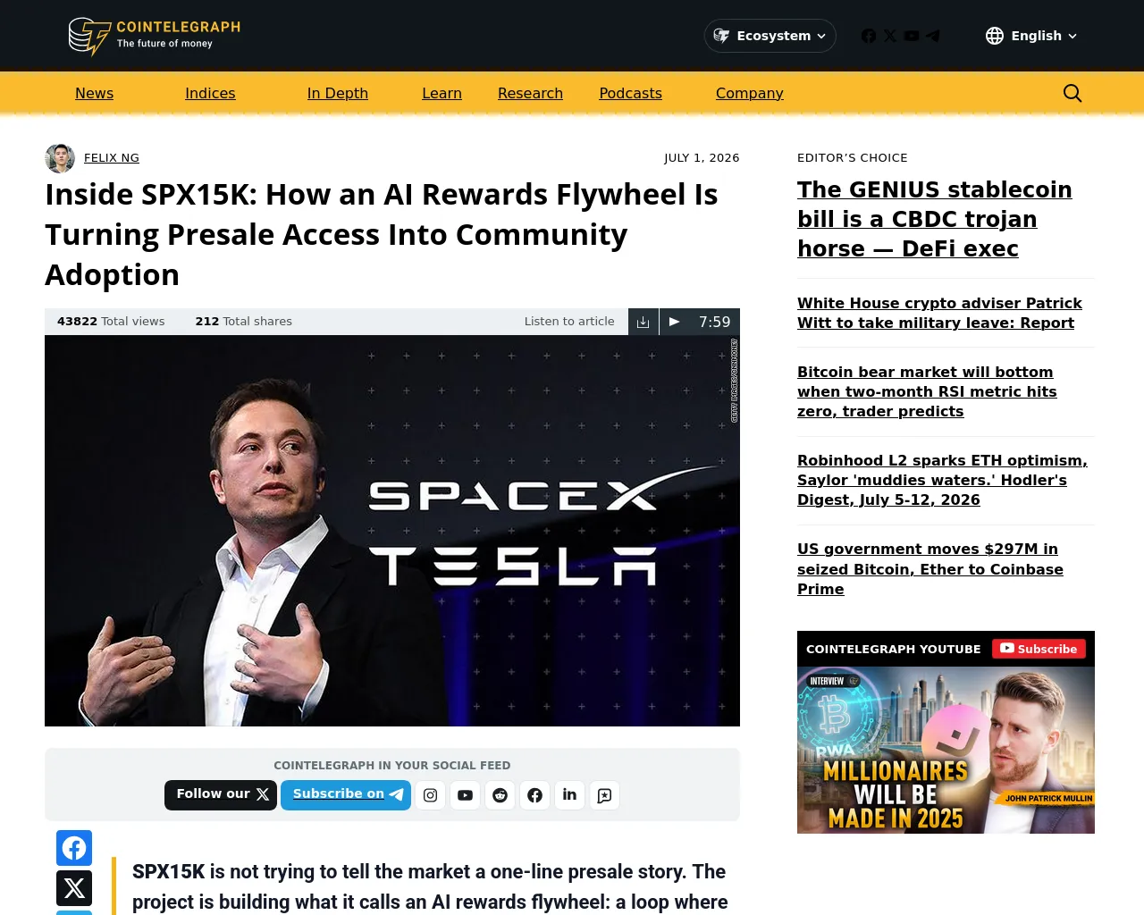 Screenshot of spx15k-cointelegraph.com